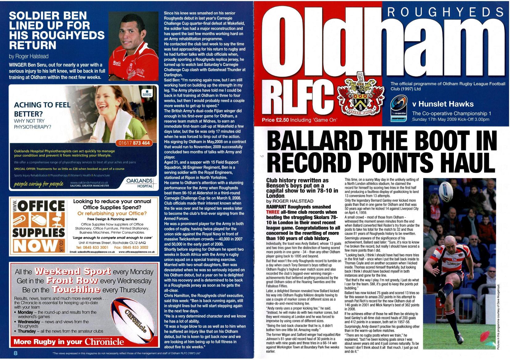 Programme cover: Oldham v Hunslet Hawks, 17 May 2009