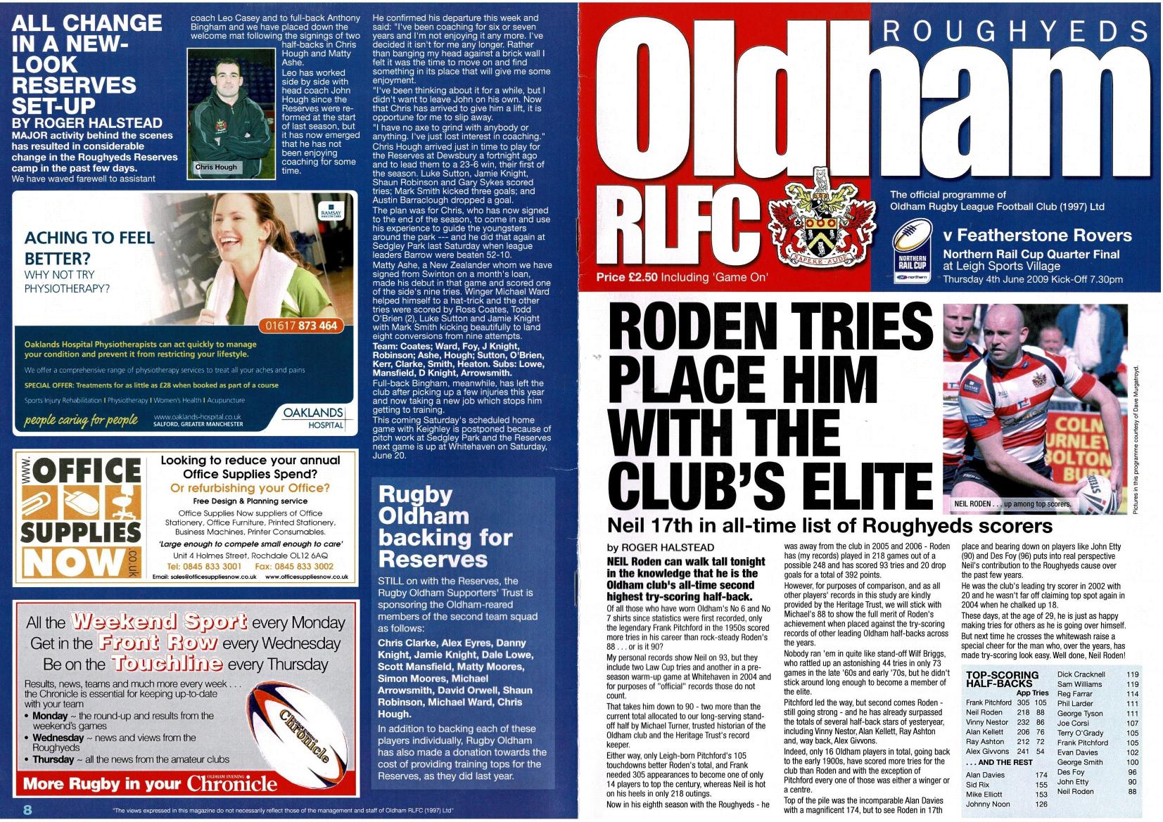 Programme cover: Oldham v Featherstone Rovers, 4 June 2009