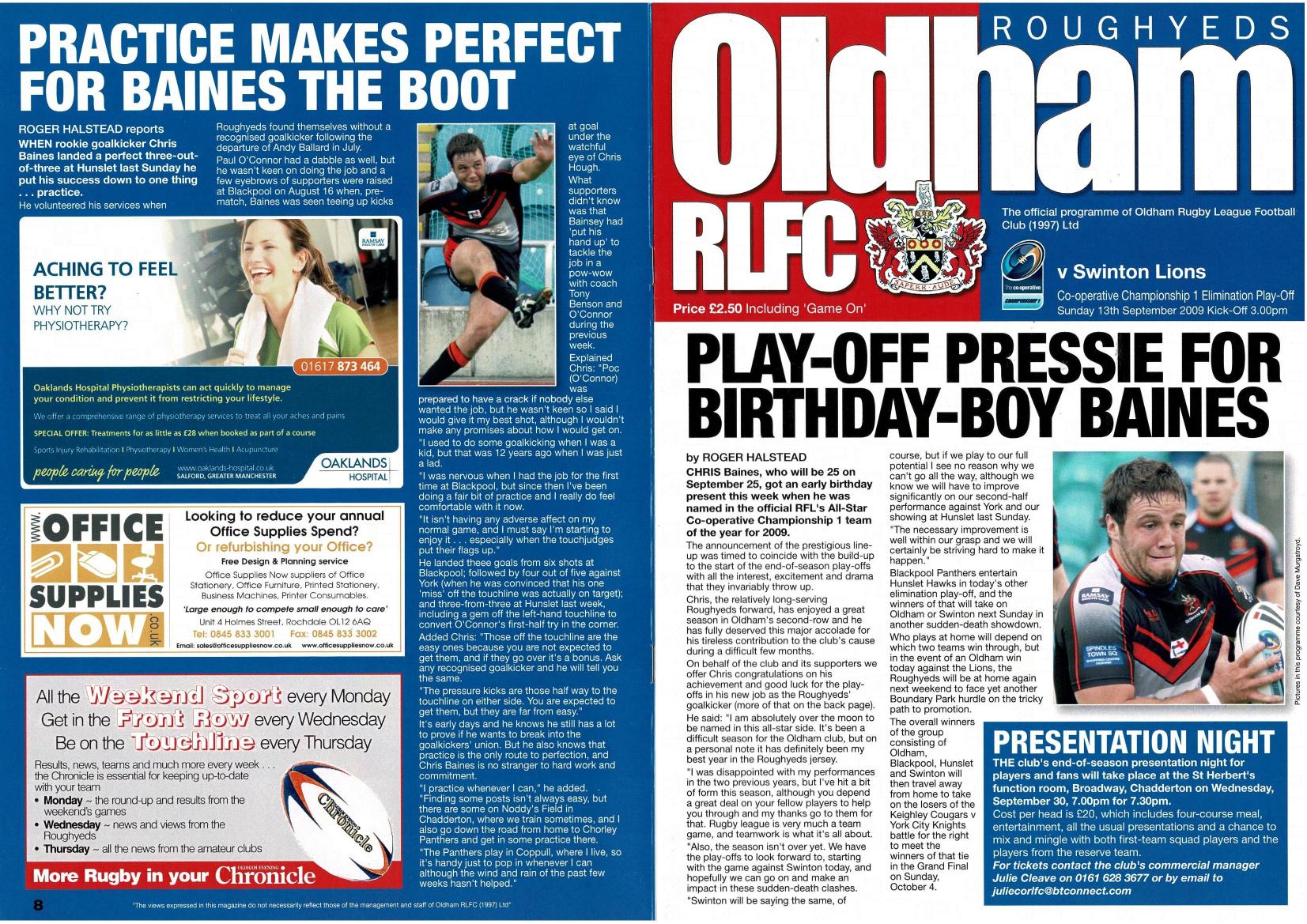 Programme cover: Oldham v Swinton Lions, 13 September 2009