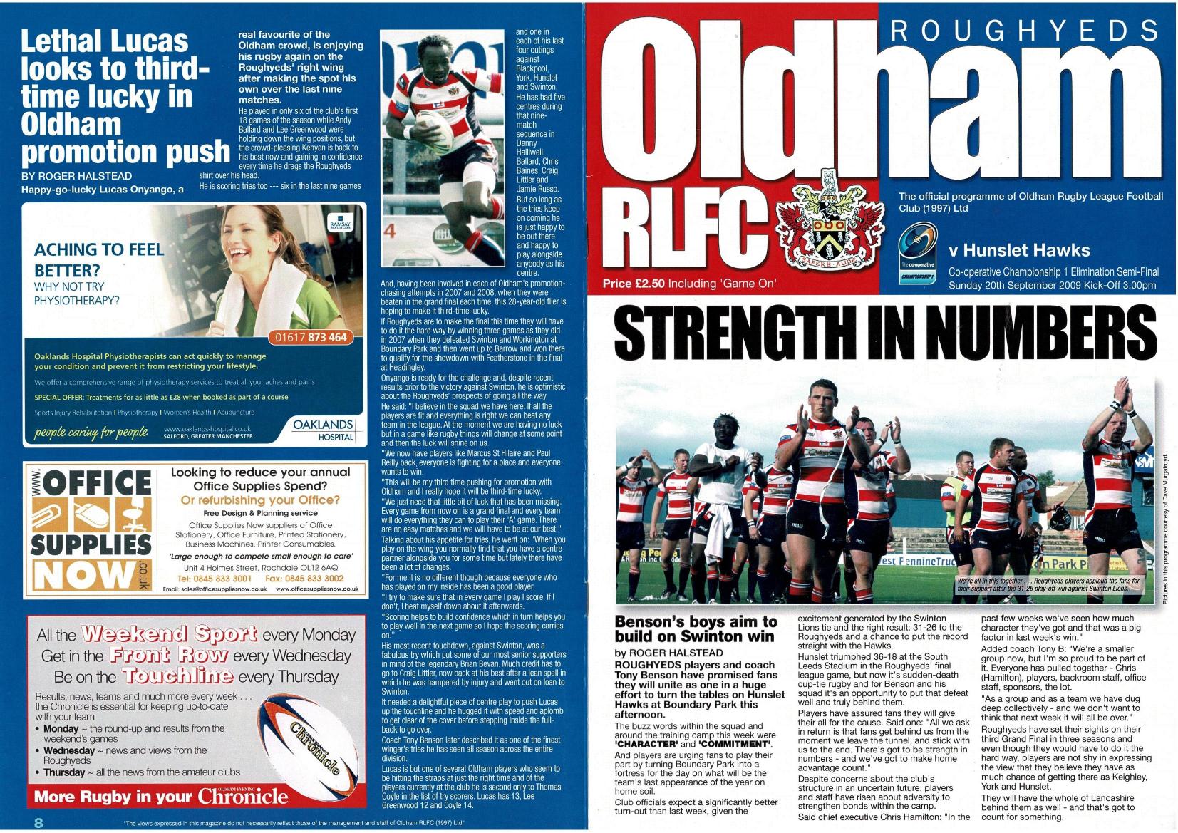 Programme cover: Oldham v Hunslet Hawks, 20 September 2009