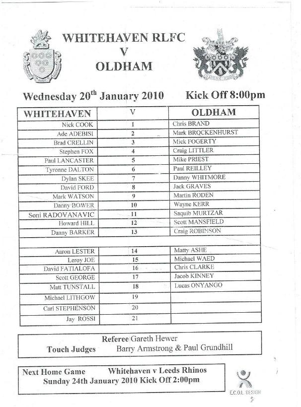 Programme cover: Oldham v Whitehaven Warriors, 20 January 2010