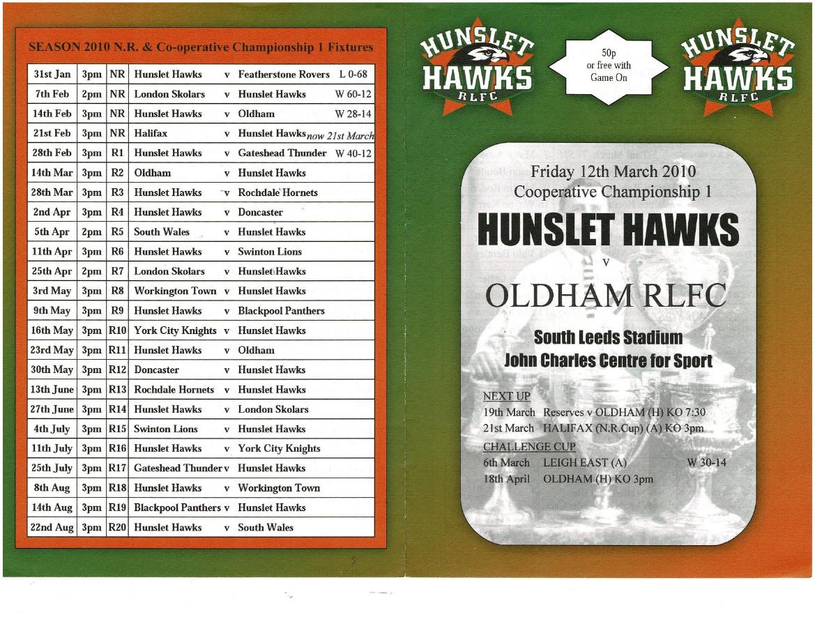 Programme cover: Oldham v Hunslet Hawks, 12 March 2010