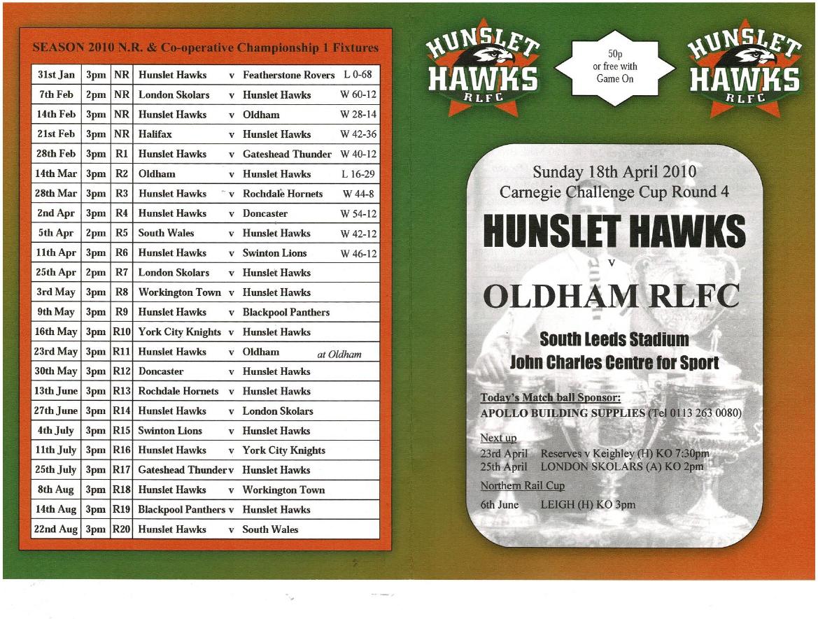 Programme cover: Oldham v Hunslet Hawks, 18 April 2010