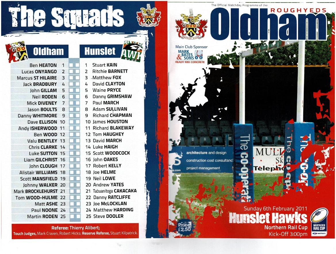 Programme cover: Oldham v Hunslet Hawks, 6 February 2011