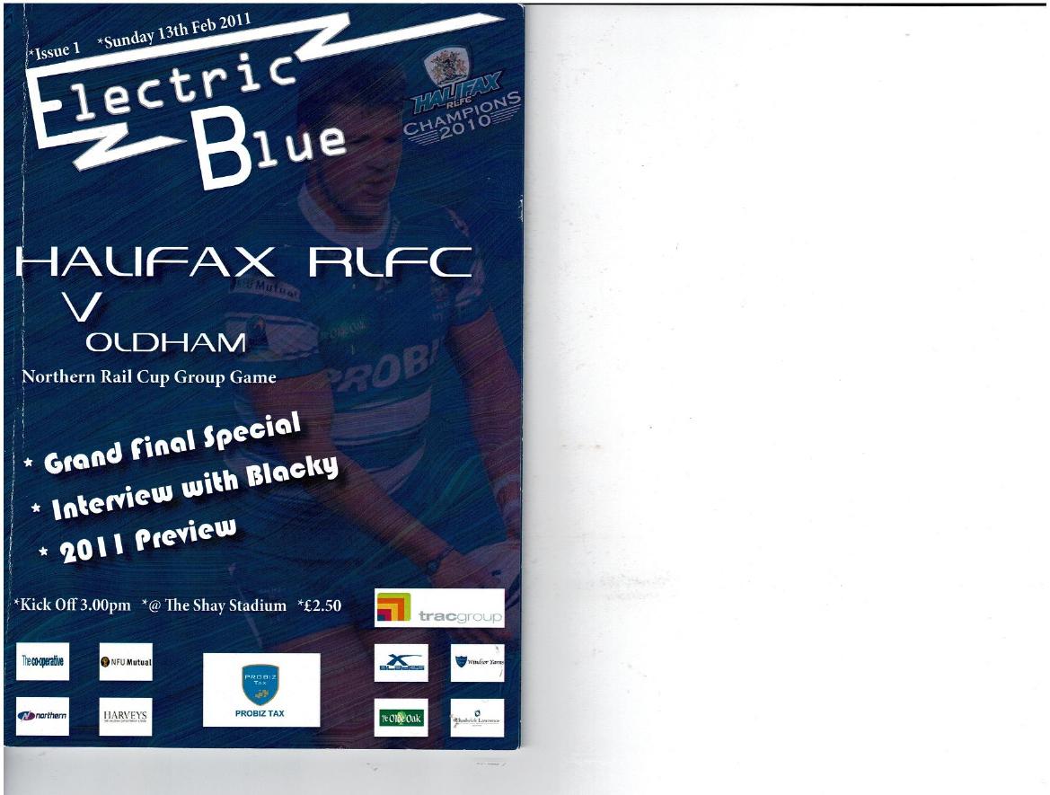 Programme cover: Oldham v Halifax Bue Sox, 13 February 2011