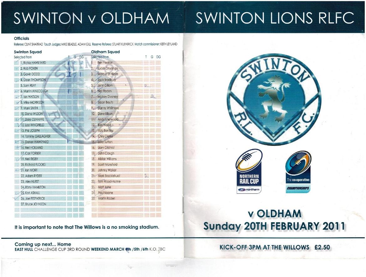 Programme cover: Oldham v Swinton Lions, 20 February 2011
