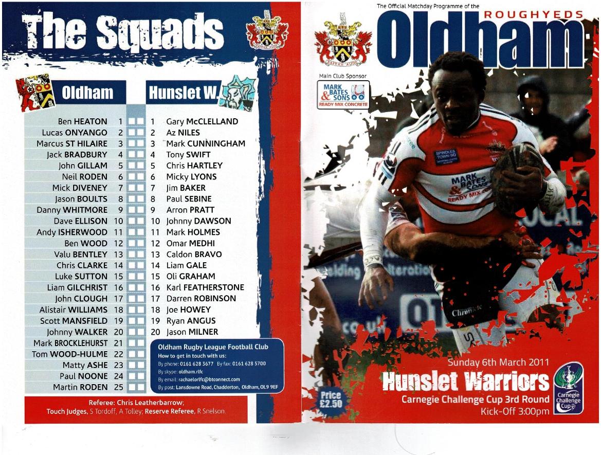 Programme cover: Oldham v Hunslet Warriors, 6 March 2011