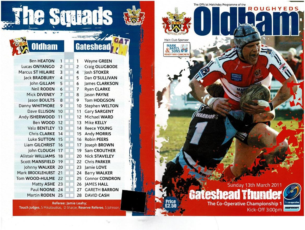 Programme cover: Oldham v Gateshead Thunder, 13 March 2011