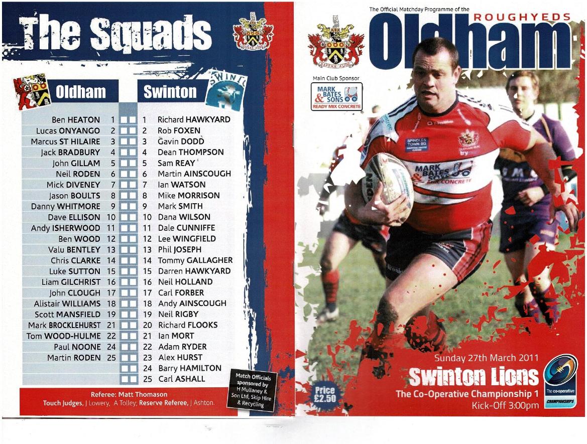 Programme cover: Oldham v Swinton Lions, 27 March 2011