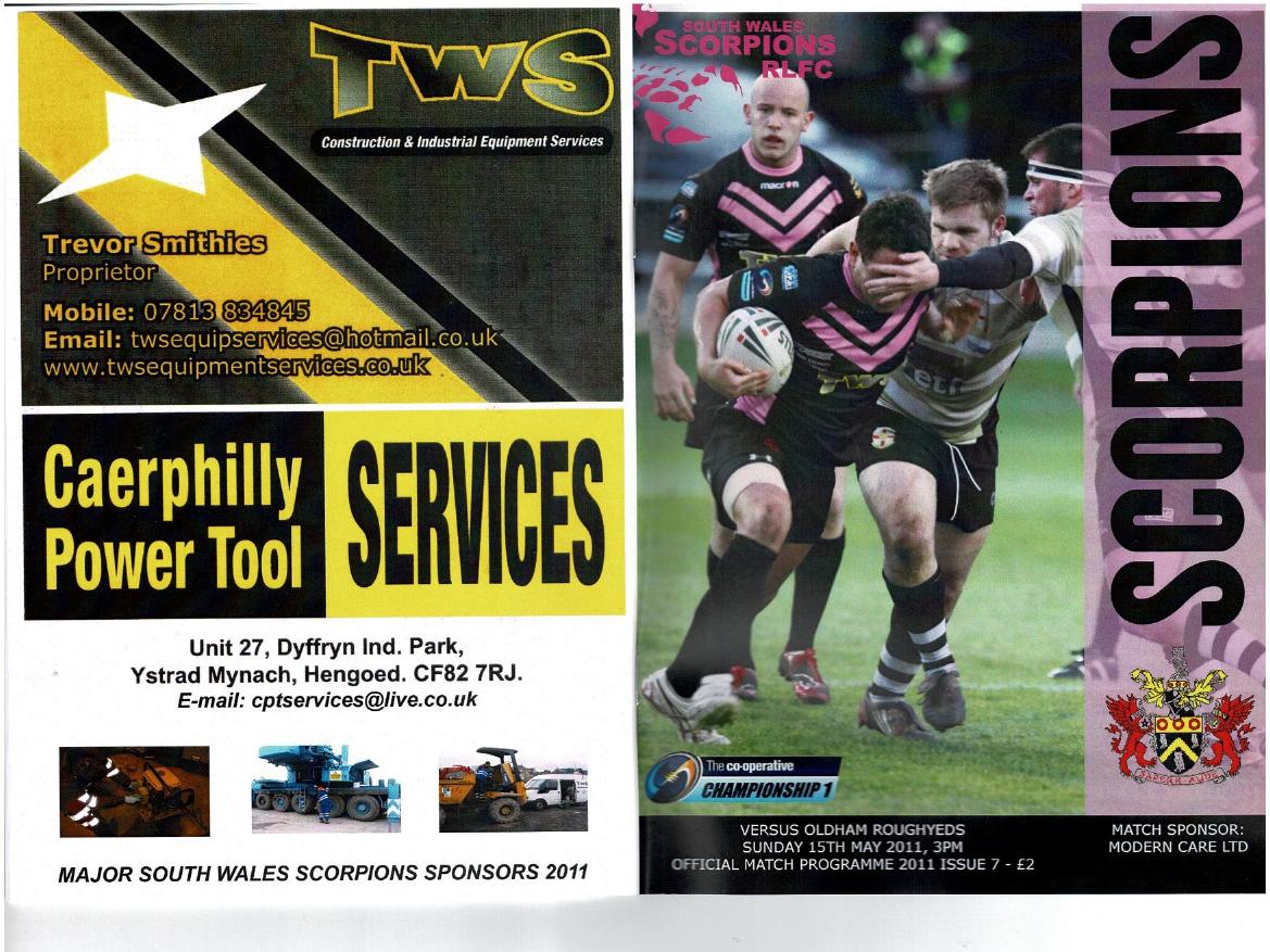 Programme cover: Oldham v South Wales Scorpions, 15 May 2011