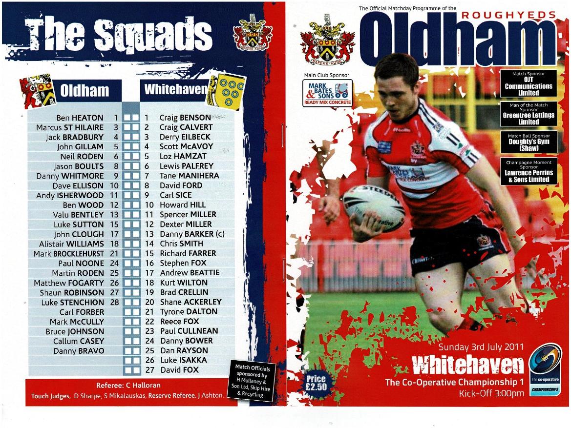 Programme cover: Oldham v Whitehaven Warriors, 3 July 2011