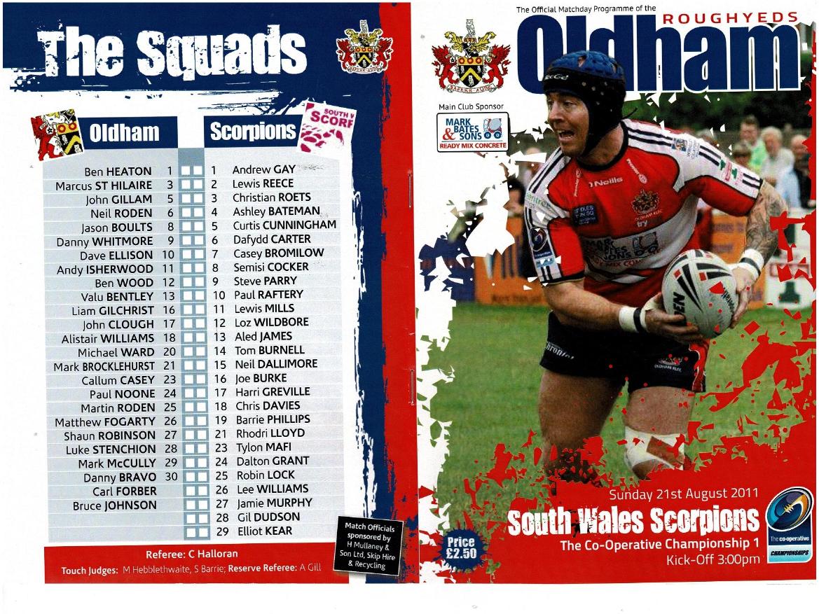 Programme cover: Oldham v South Wales Scorpions, 21 August 2011