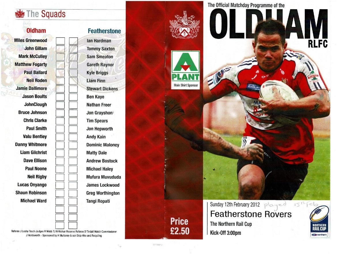 Programme cover: Oldham v Featherstone Rovers, 15 February 2012