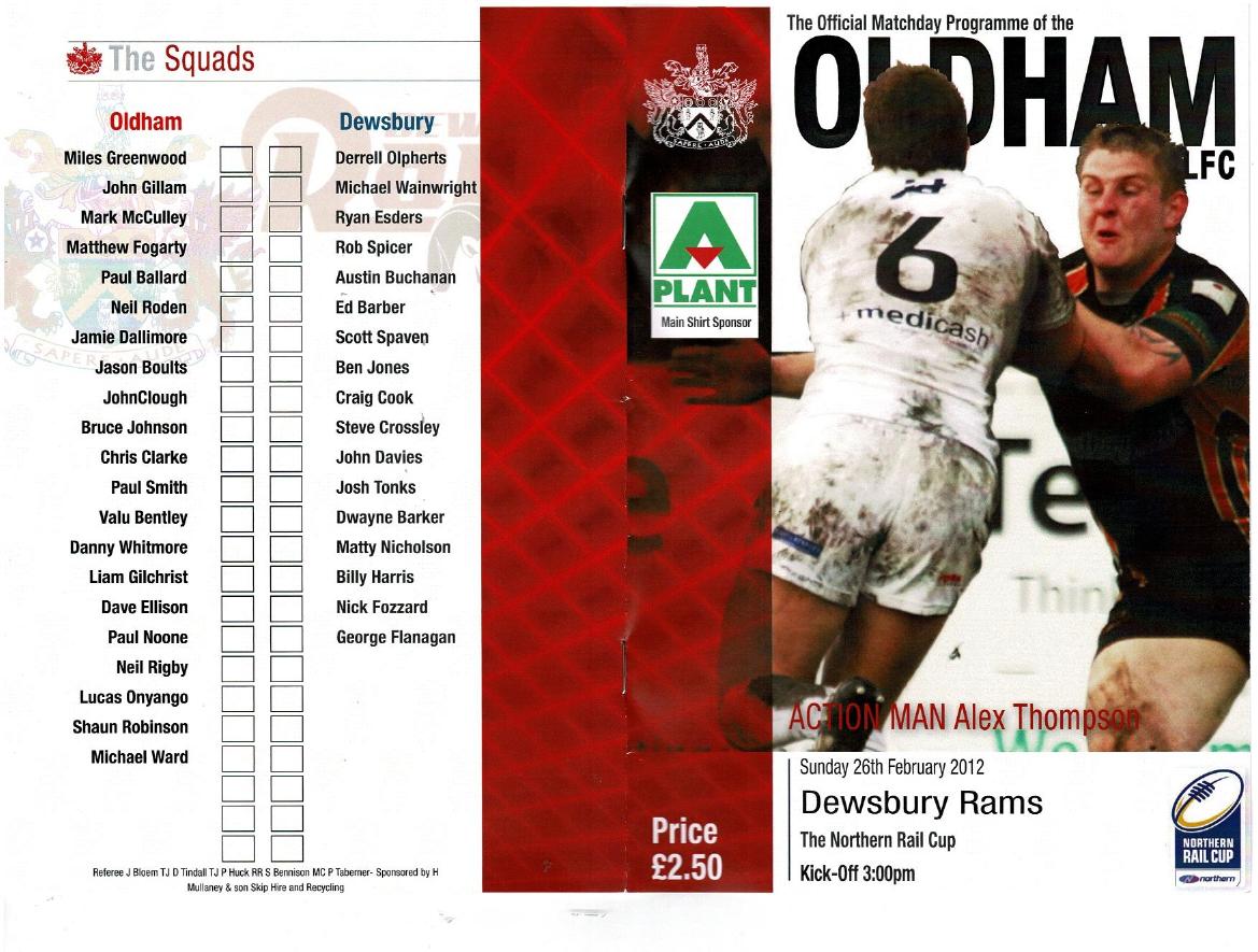 Programme cover: Oldham v Dewsbury, 26 February 2012
