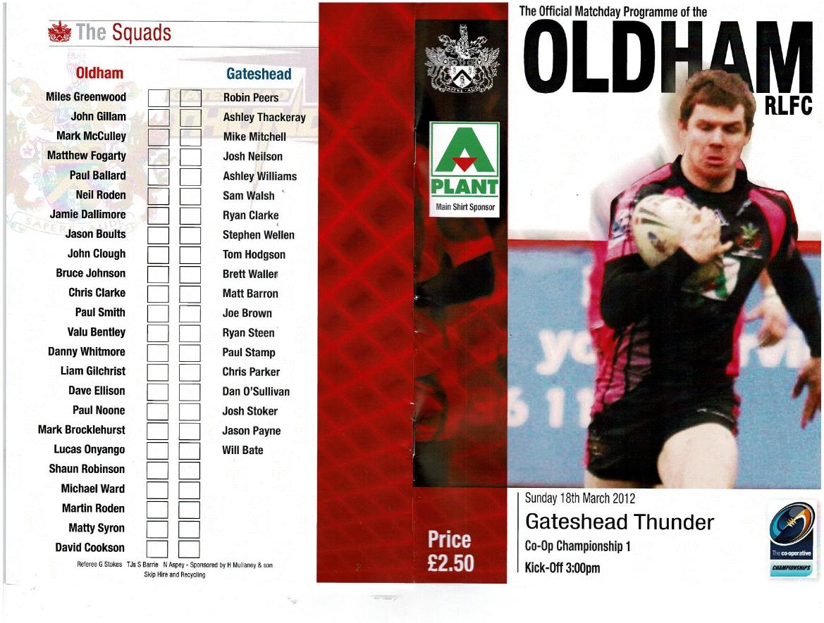 Programme cover: Oldham v Gateshead Thunder, 18 March 2012