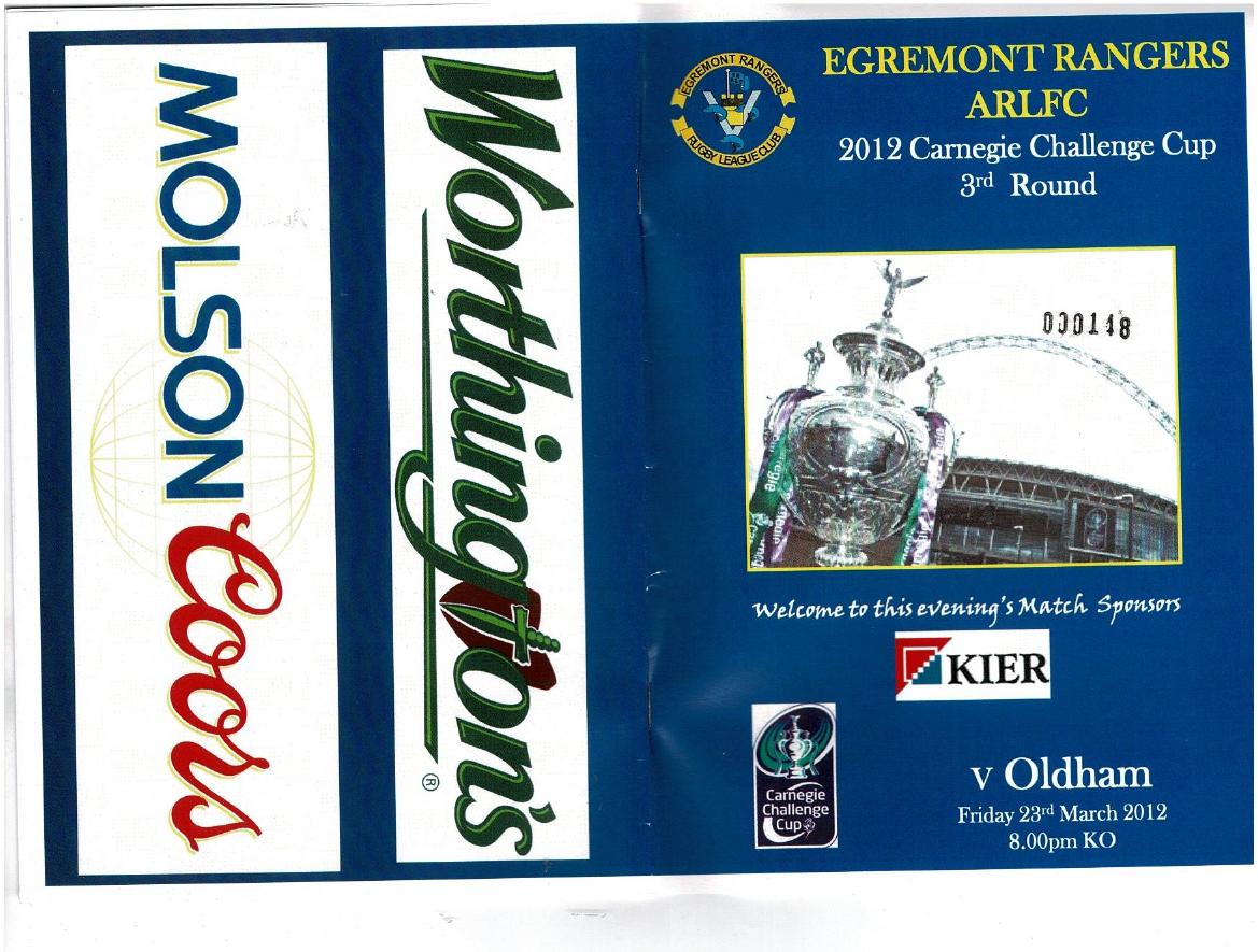 Programme cover: Oldham v Egremont Rangers, 23 March 2012