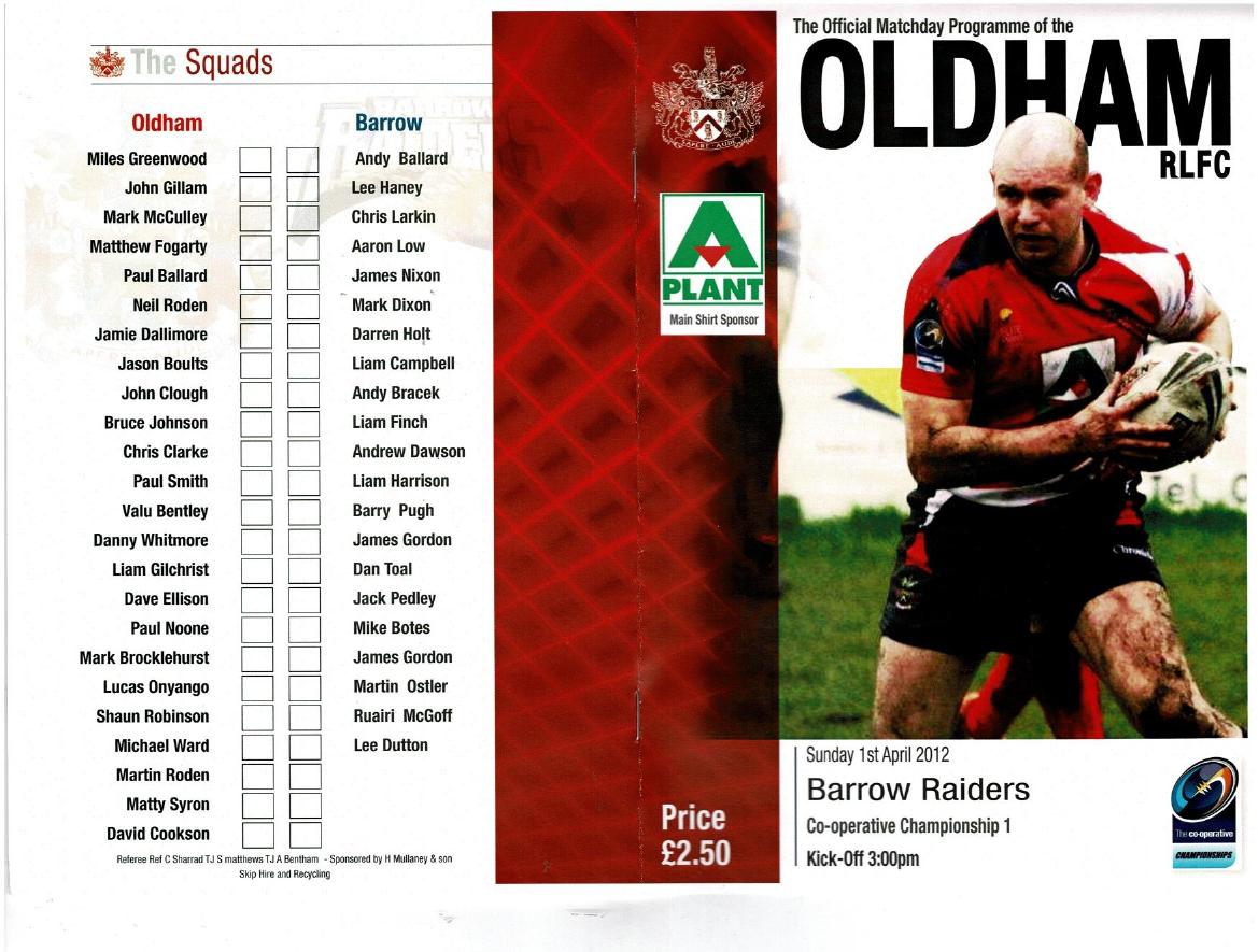 Programme cover: Oldham v Barrow Border Raiders, 1 April 2012
