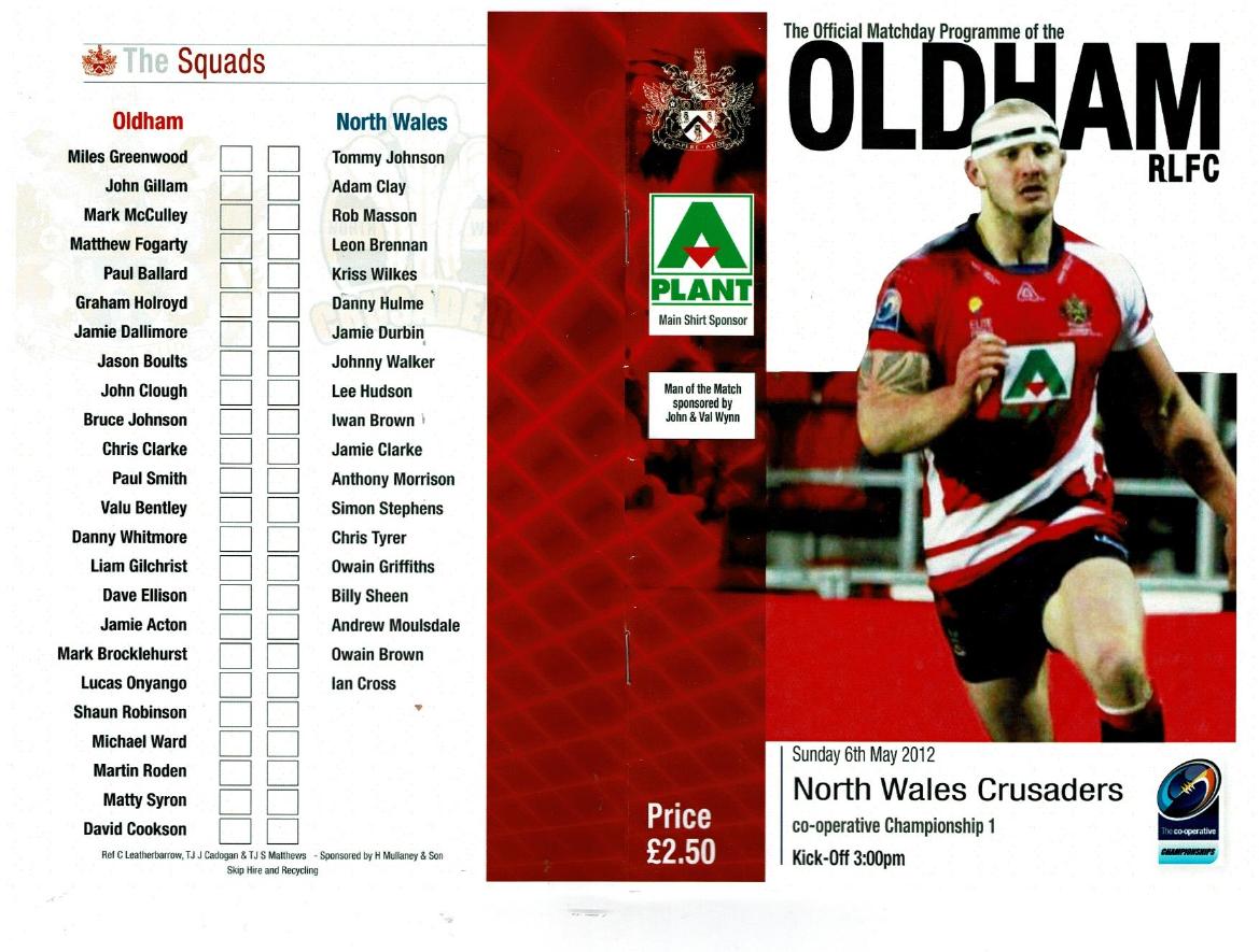Programme cover: Oldham v North Wales Crusaders, 6 May 2012