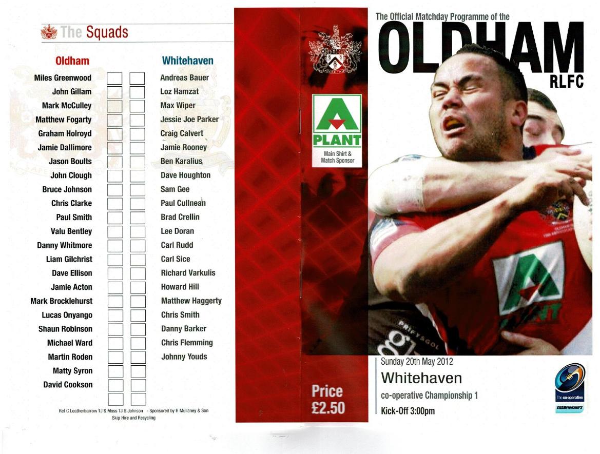 Programme cover: Oldham v Whitehaven Warriors, 20 May 2012