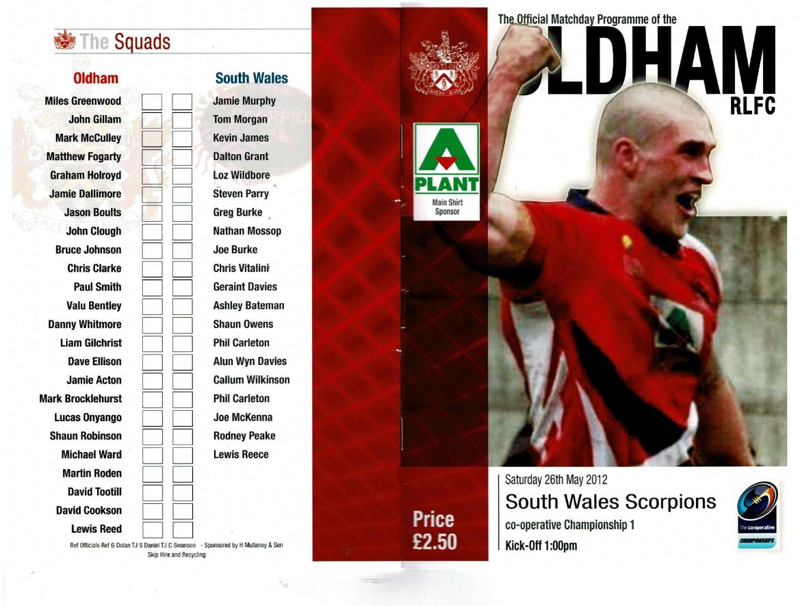 Programme cover: Oldham v South Wales Scorpions, 26 May 2012