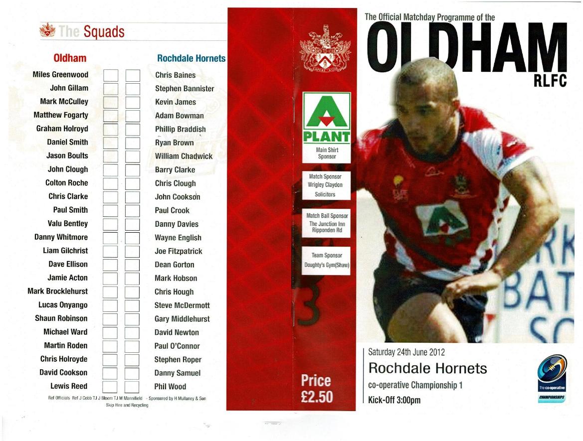 Programme cover: Oldham v Rochdale Hornets, 24 June 2012