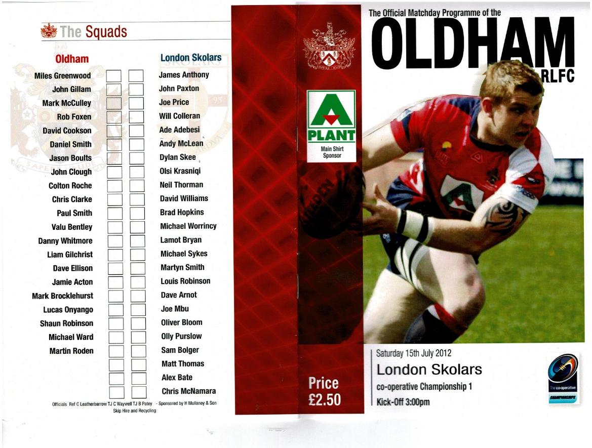 Programme cover: Oldham v London Skolars, 15 July 2012