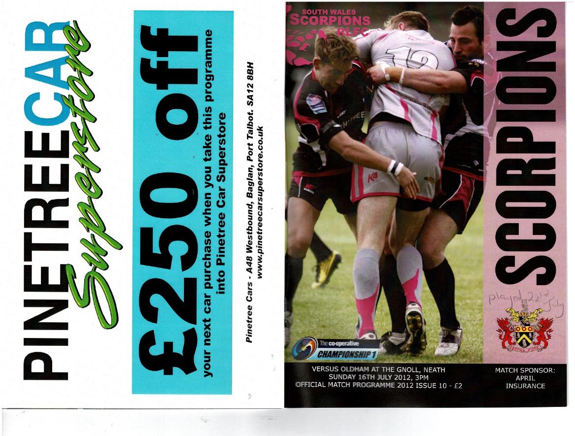 Programme cover: Oldham v South Wales Scorpions, 22 July 2012