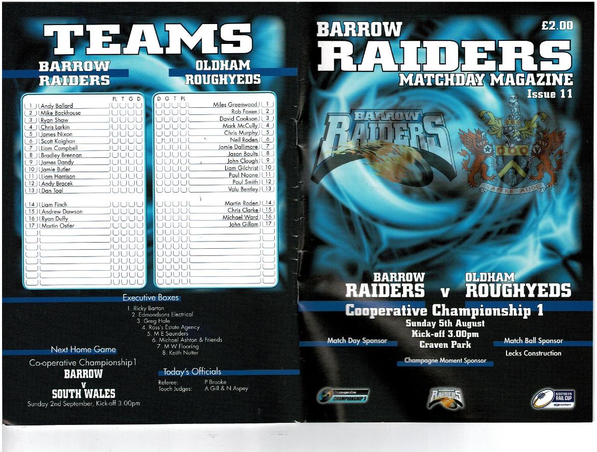 Programme cover: Oldham v Barrow Border Raiders, 5 August 2012