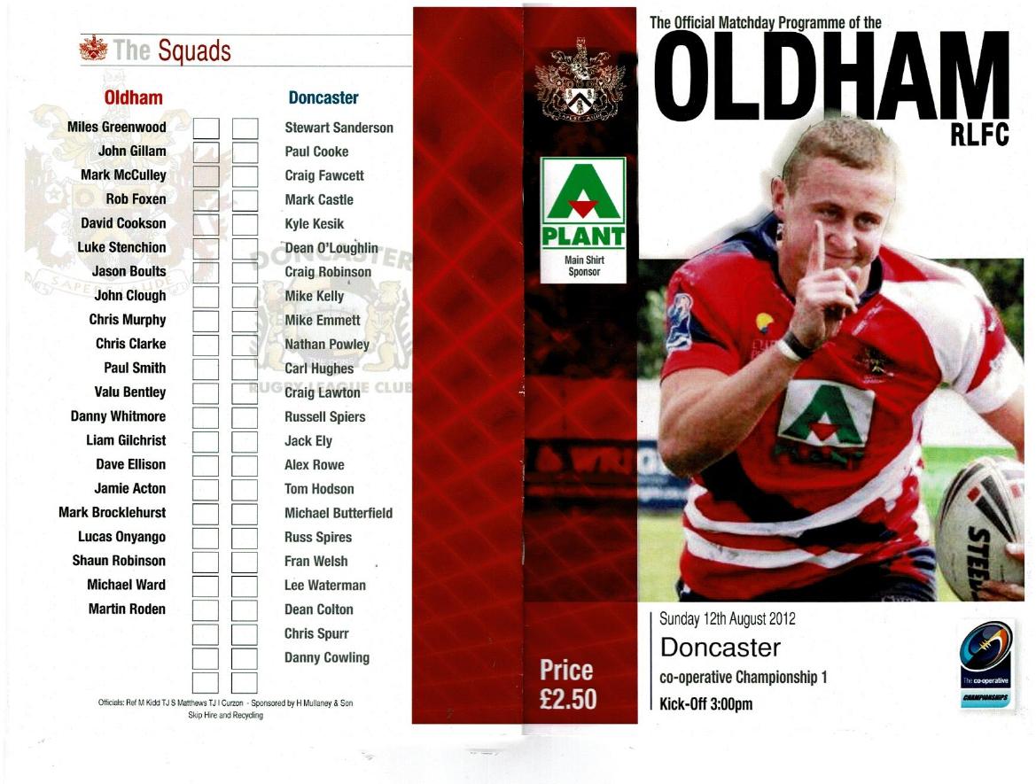 Programme cover: Oldham v Doncaster Dragons, 12 August 2012