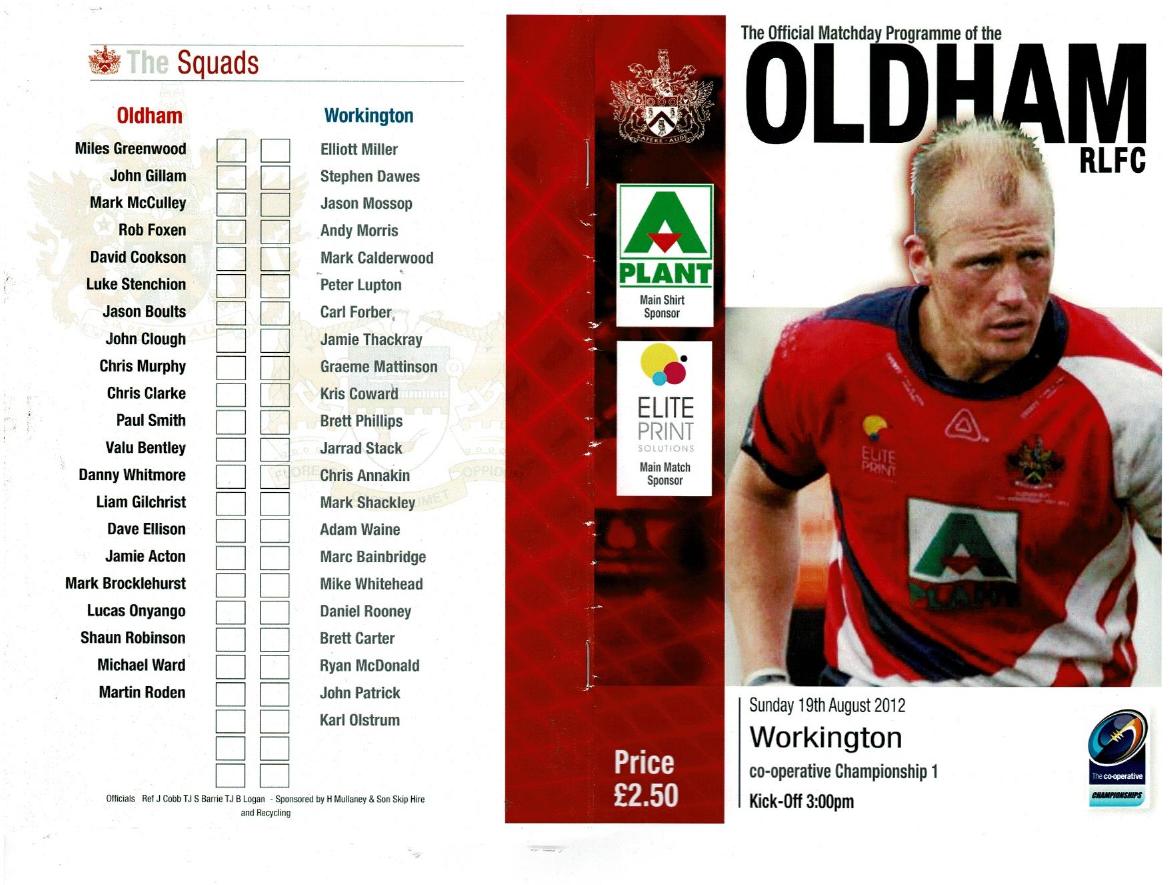 Programme cover: Oldham v Workington Town, 19 August 2012