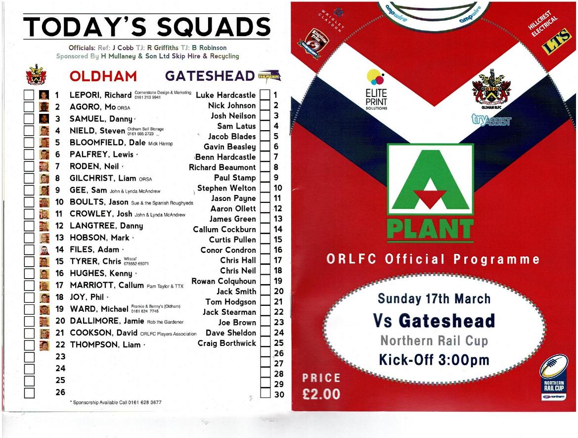 Programme cover: Oldham v Gateshead Thunder, 17 March 2013