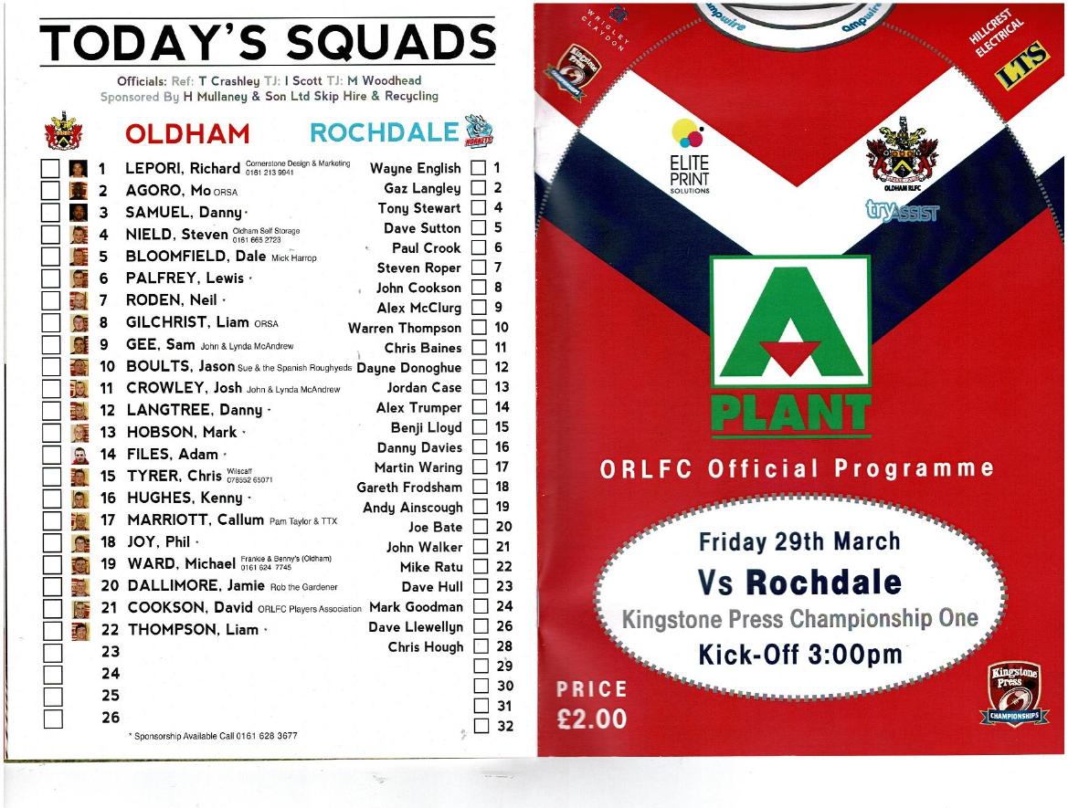 Programme cover: Oldham v Rochdale Hornets, 29 March 2013