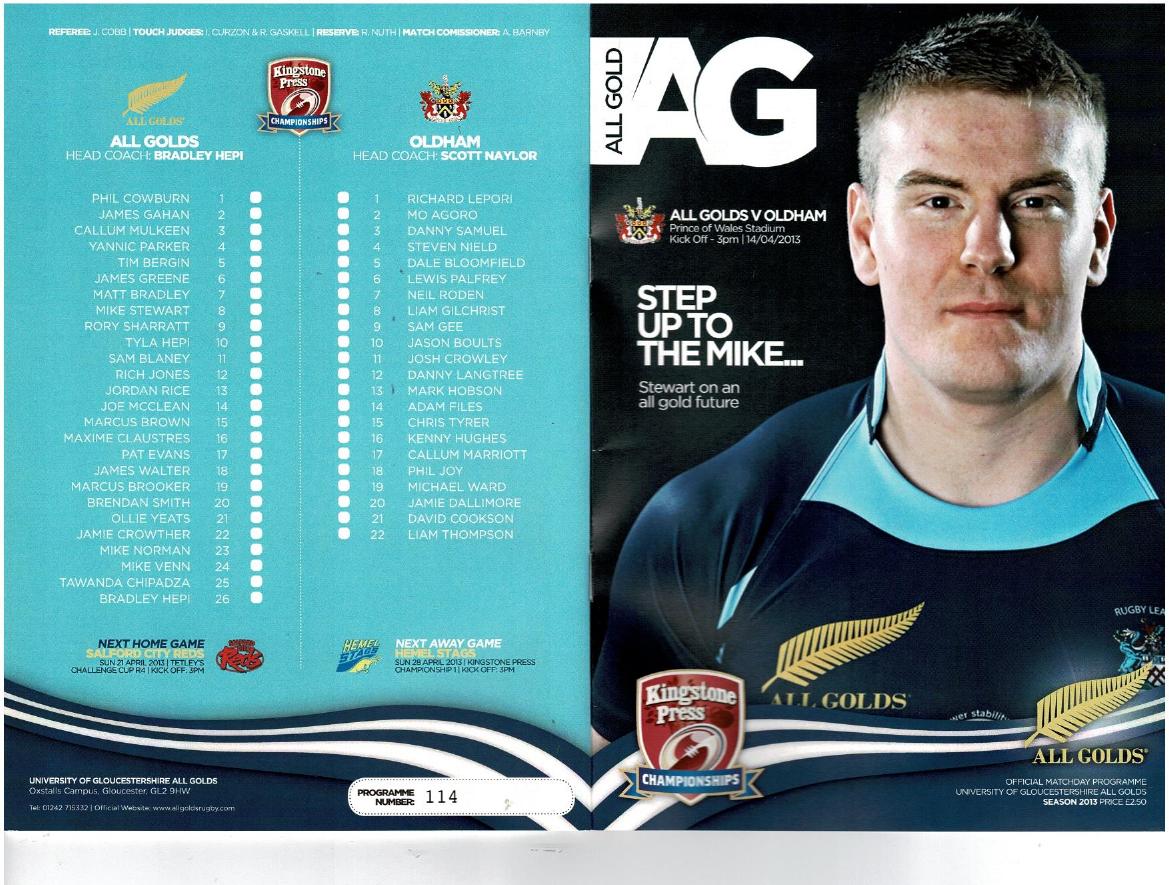 Programme cover: Oldham v Gloucester All Golds, 14 April 2013
