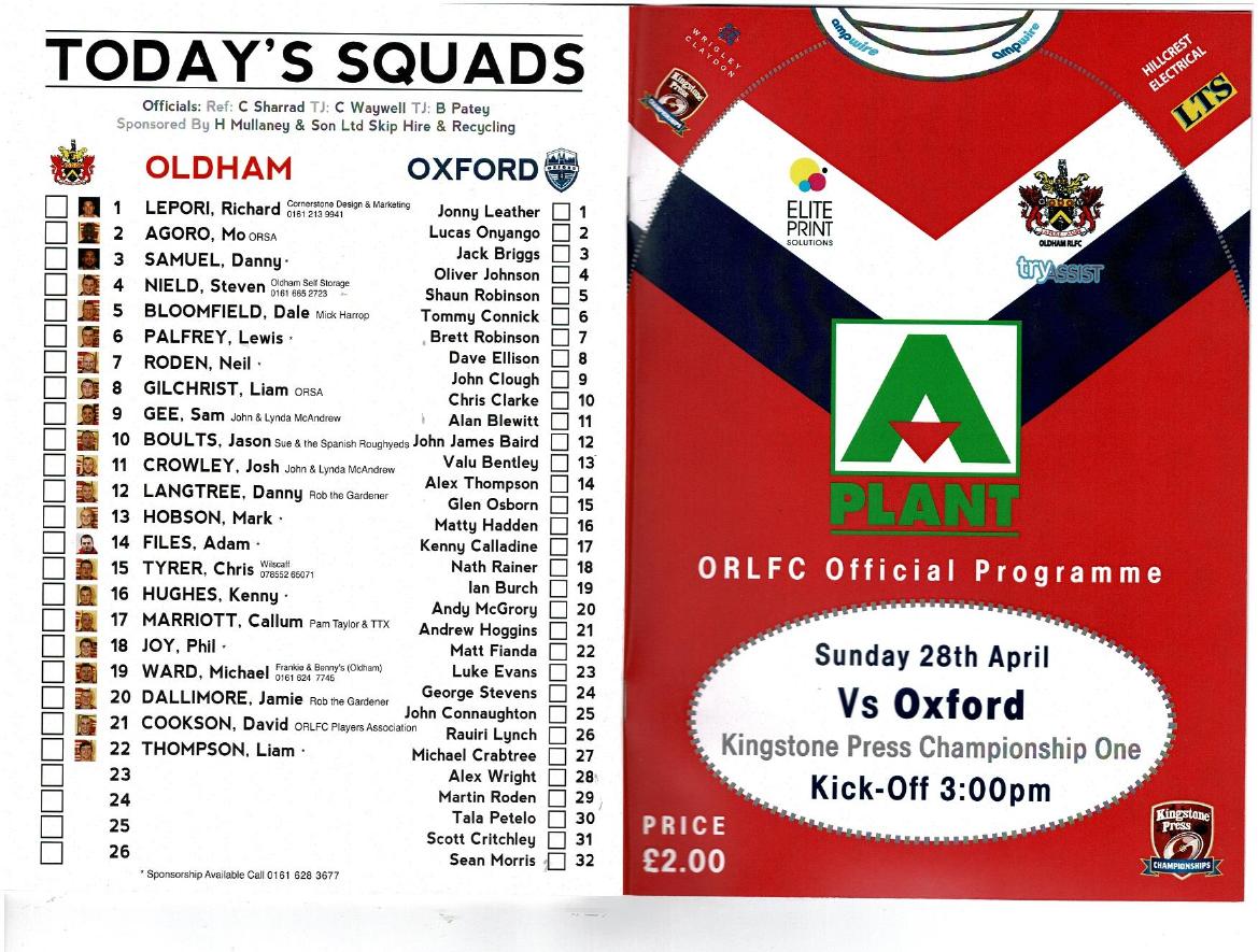 Programme cover: Oldham v Oxford, 28 April 2013