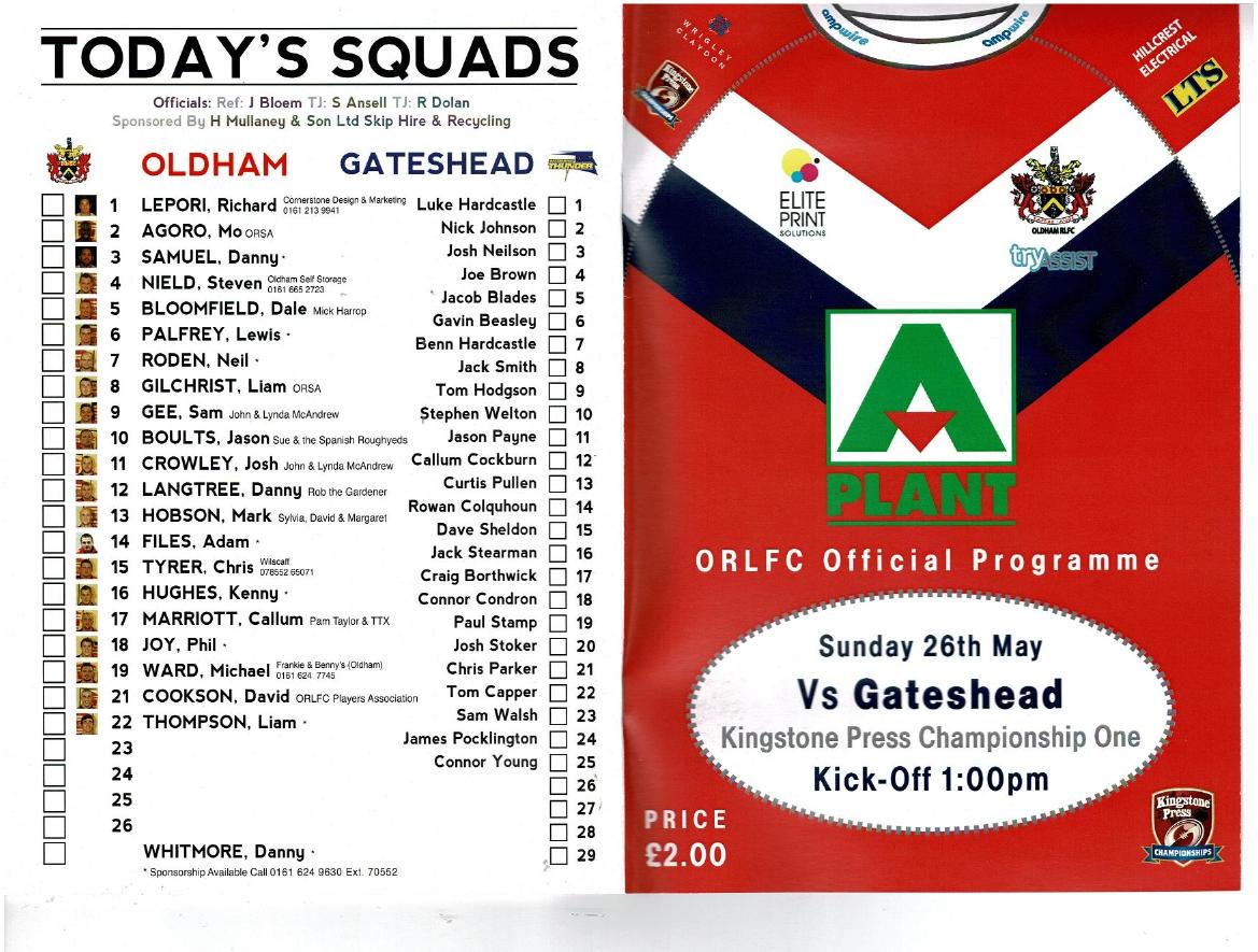 Programme cover: Oldham v Gateshead Thunder, 26 May 2013