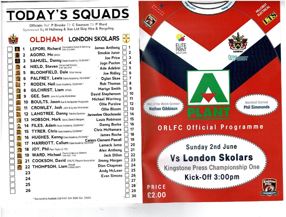 Programme cover: Oldham v London Skolars, 2 June 2013