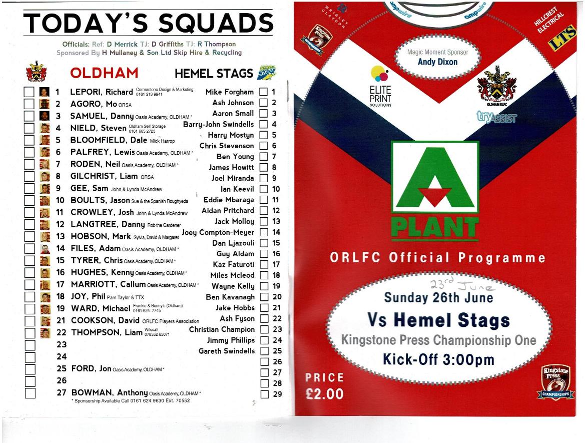 Programme cover: Oldham v Hemel Stags, 23 June 2013