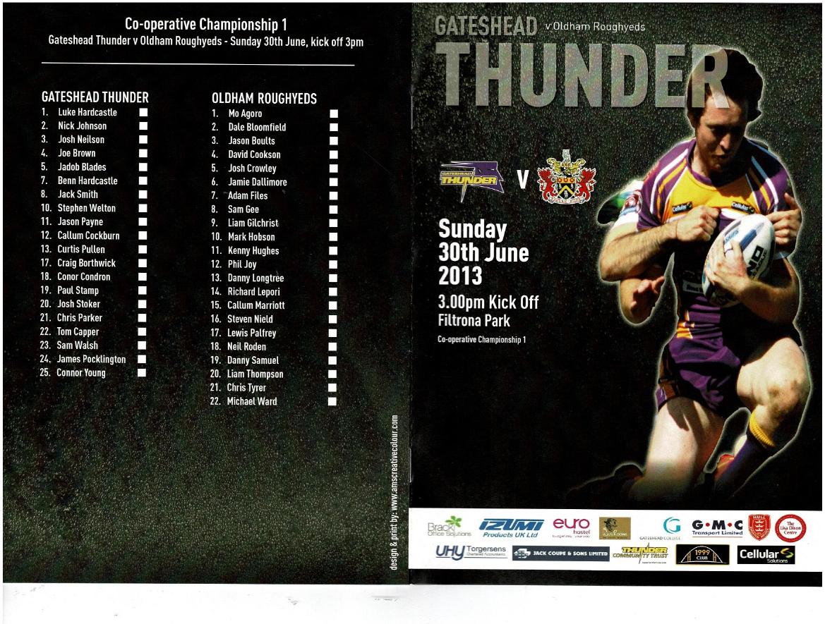 Programme cover: Oldham v Gateshead Thunder, 30 June 2013
