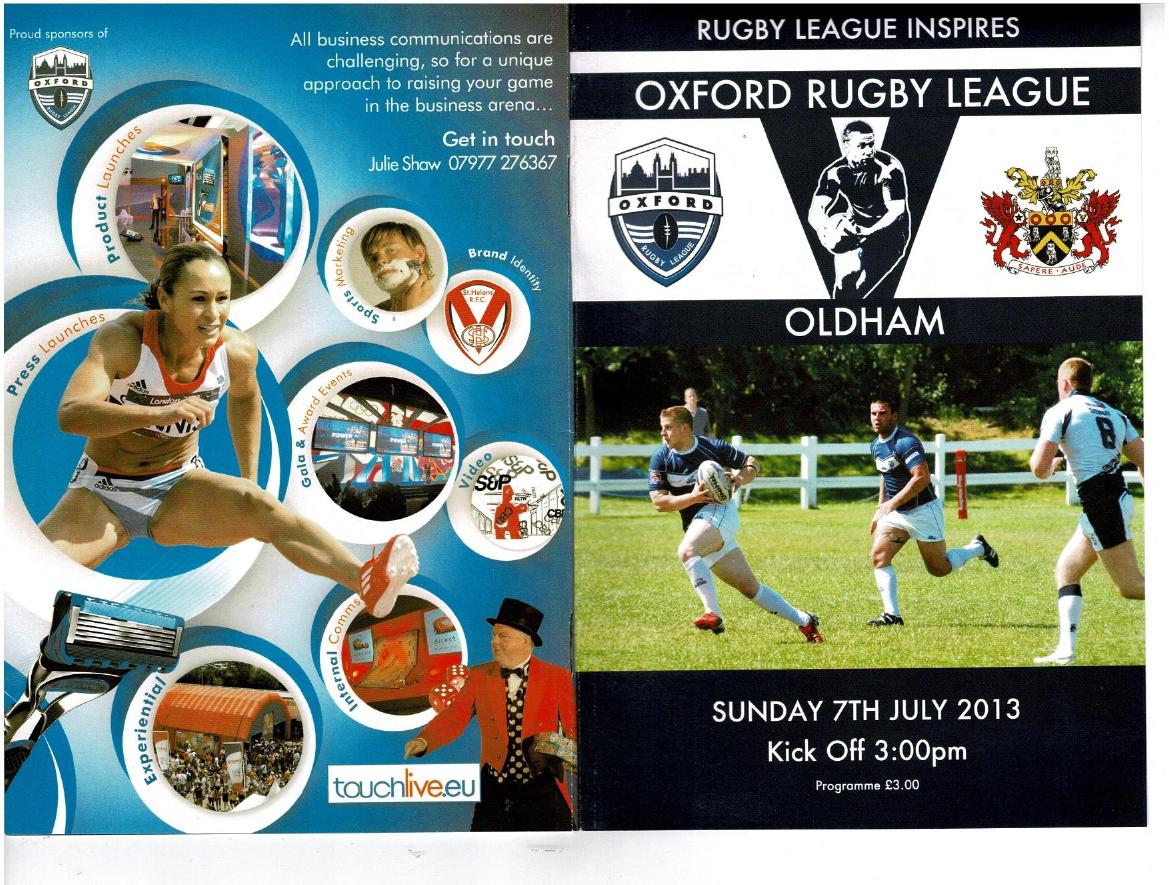 Programme cover: Oldham v Oxford, 7 July 2013