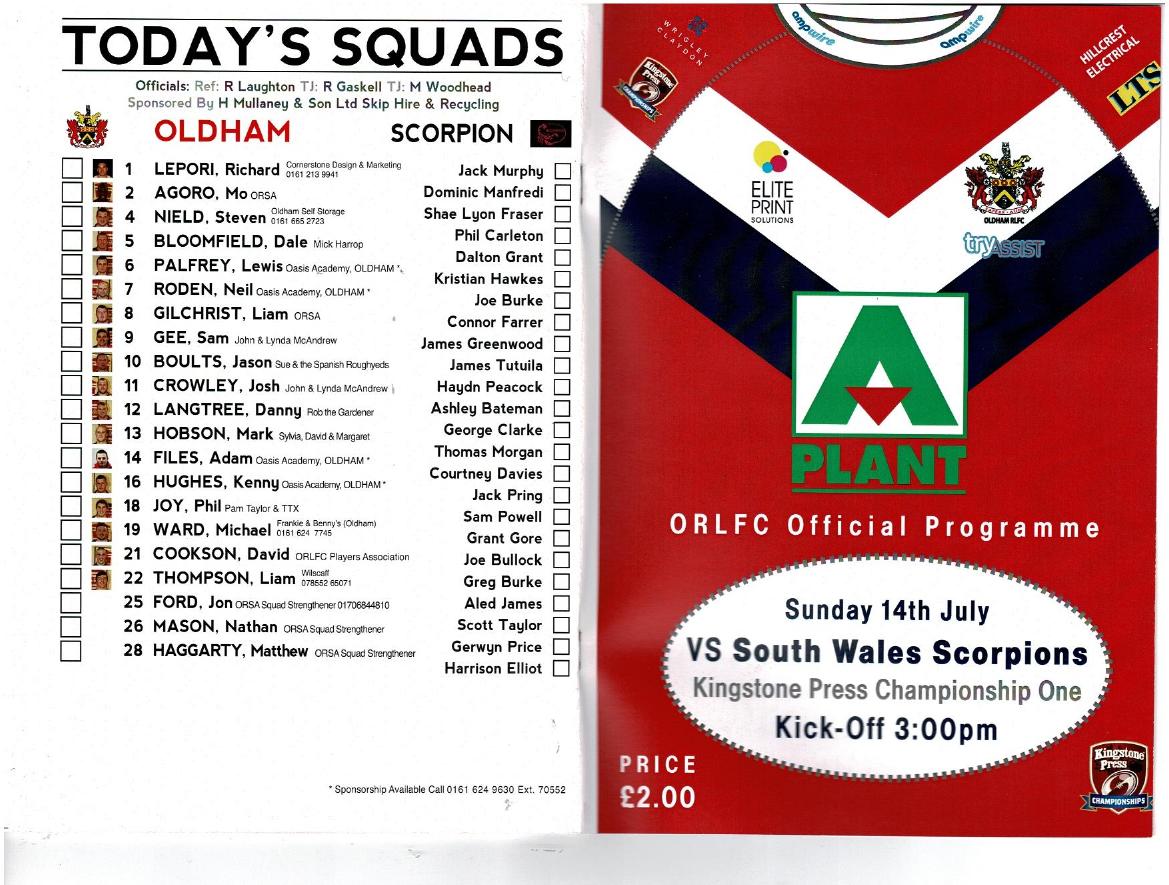 Programme cover: Oldham v South Wales Scorpions, 14 July 2013