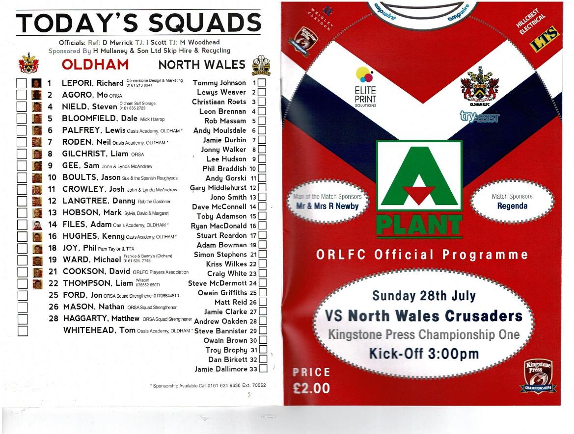 Programme cover: Oldham v North Wales Crusaders, 28 July 2013