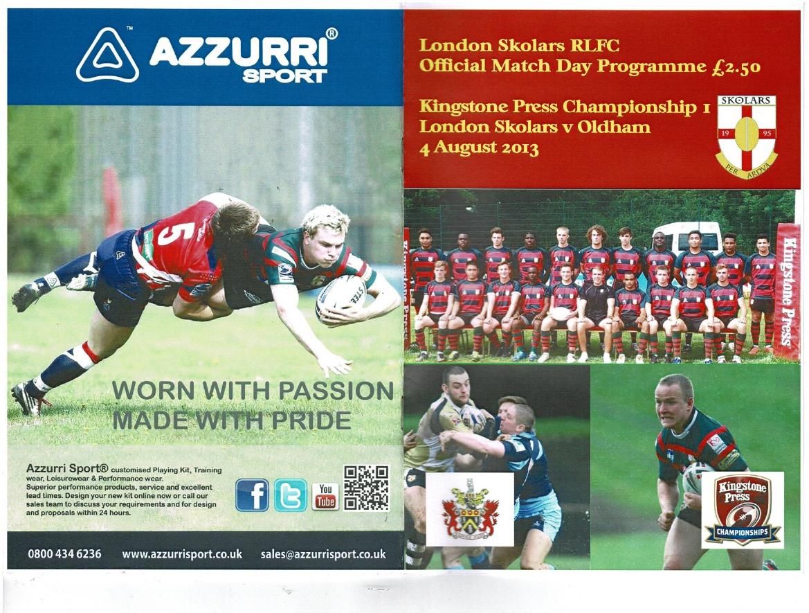 Programme cover: Oldham v London Skolars, 4 August 2013