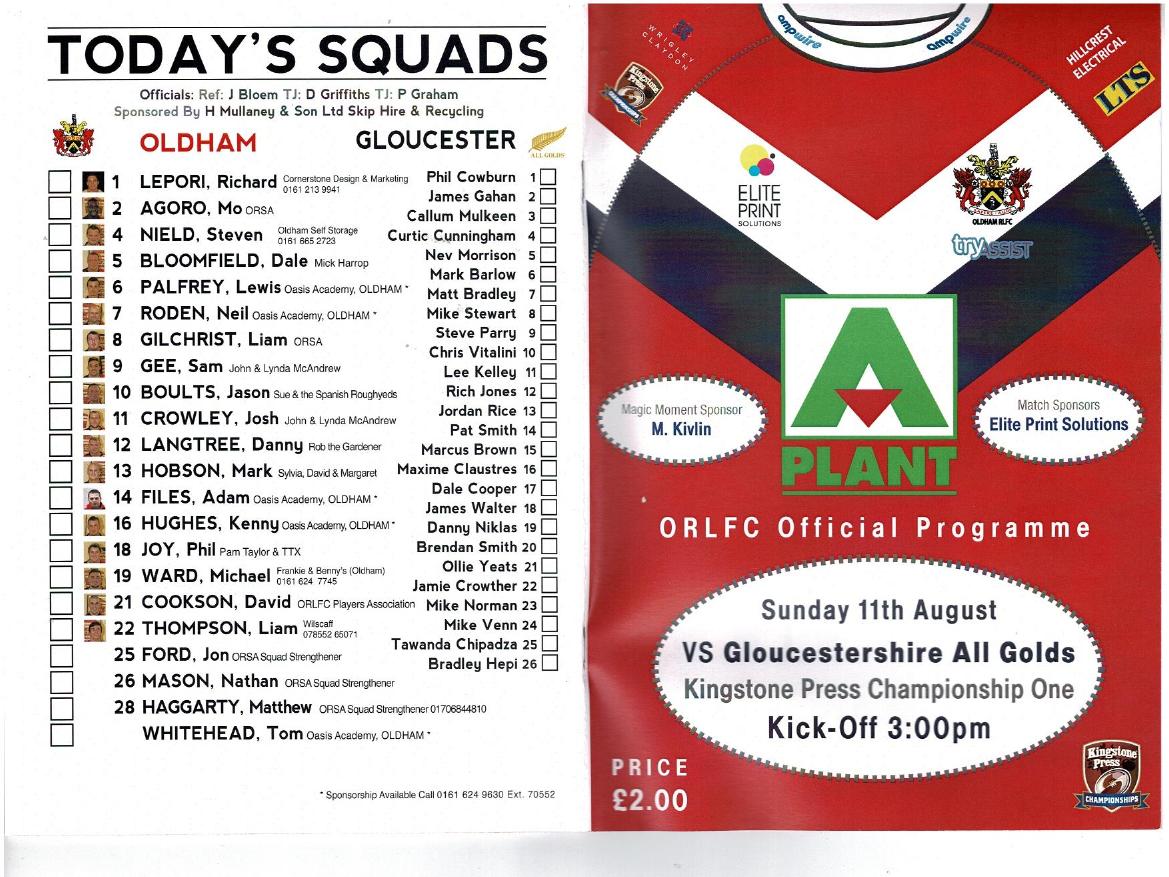 Programme cover: Oldham v Gloucester All Golds, 11 August 2013