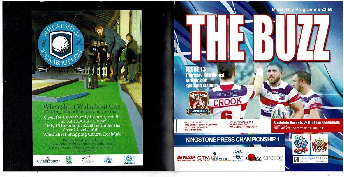 Programme cover: Oldham v Rochdale Hornets, 15 August 2013