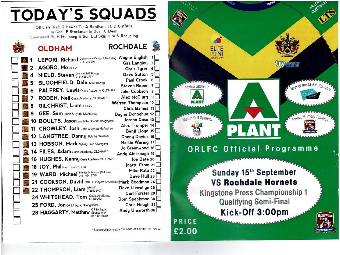 Programme cover: Oldham v Rochdale Hornets, 15 September 2013