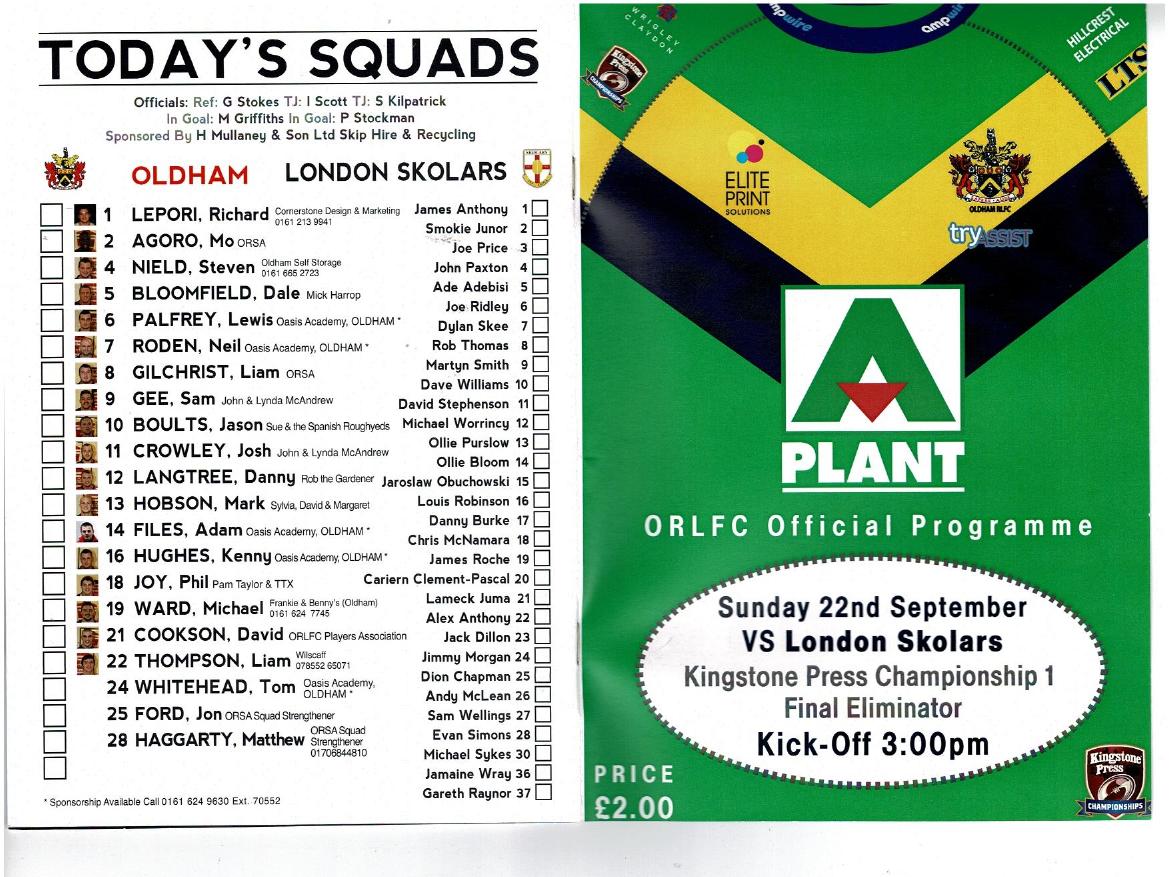 Programme cover: Oldham v London Skolars, 22 September 2013