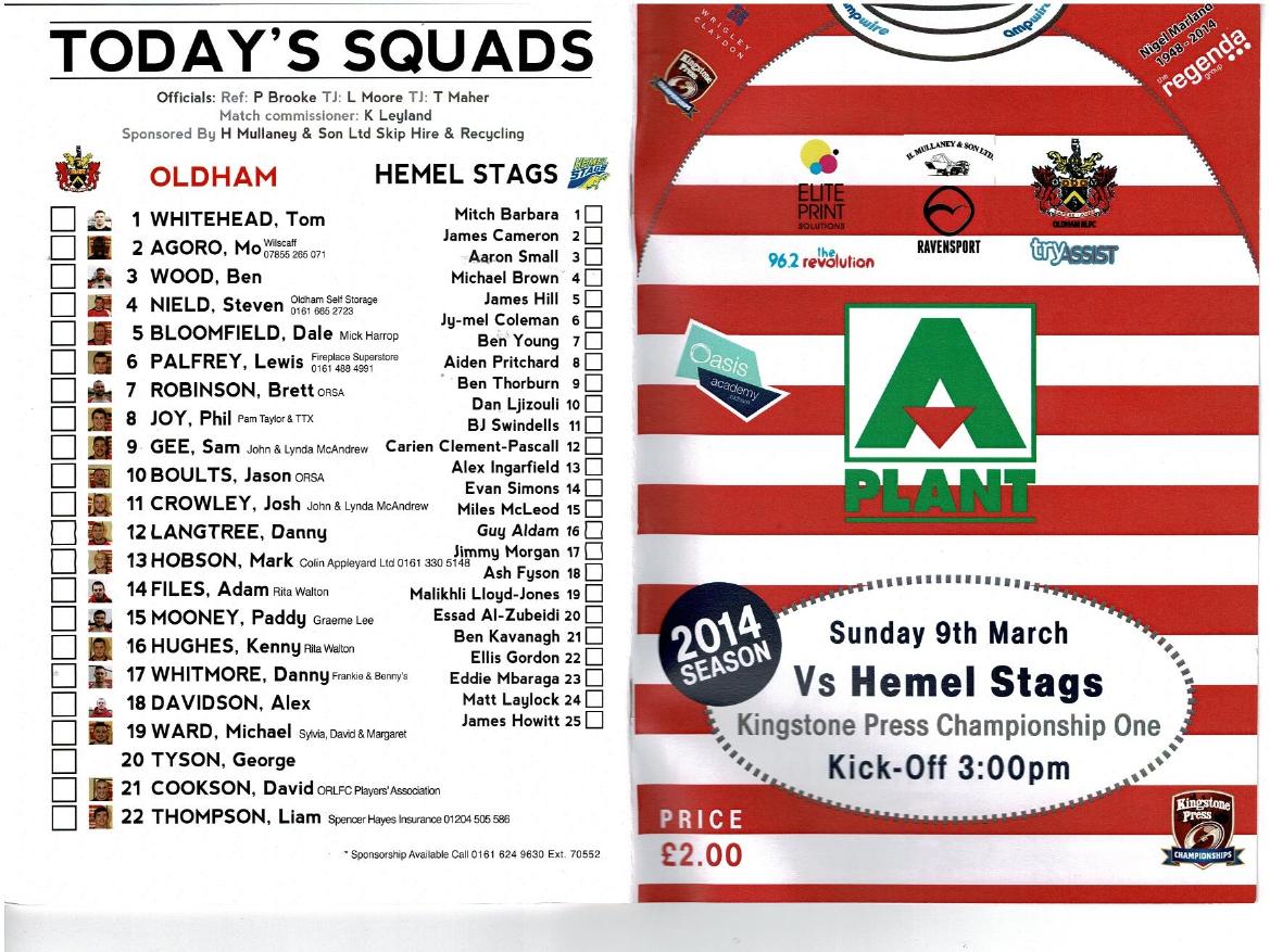 Programme cover: Oldham v Hemel Stags, 9 March 2014