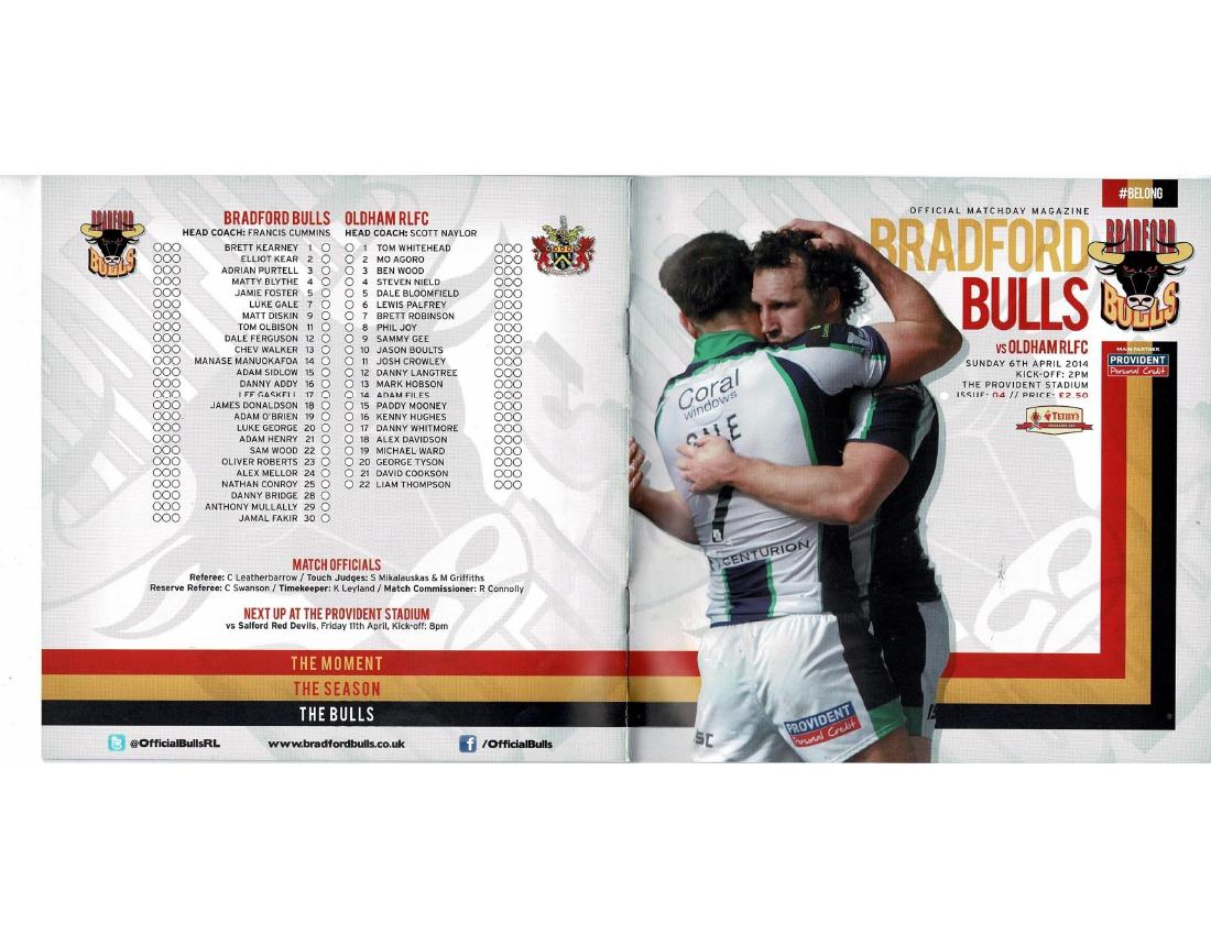 Programme cover: Oldham v Bradford Bulls, 6 April 2014