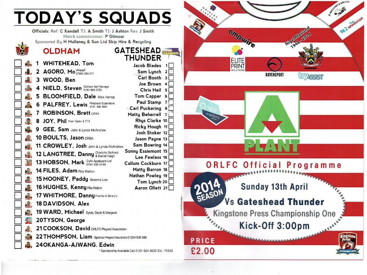 Programme cover: Oldham v Gateshead Thunder, 13 April 2014