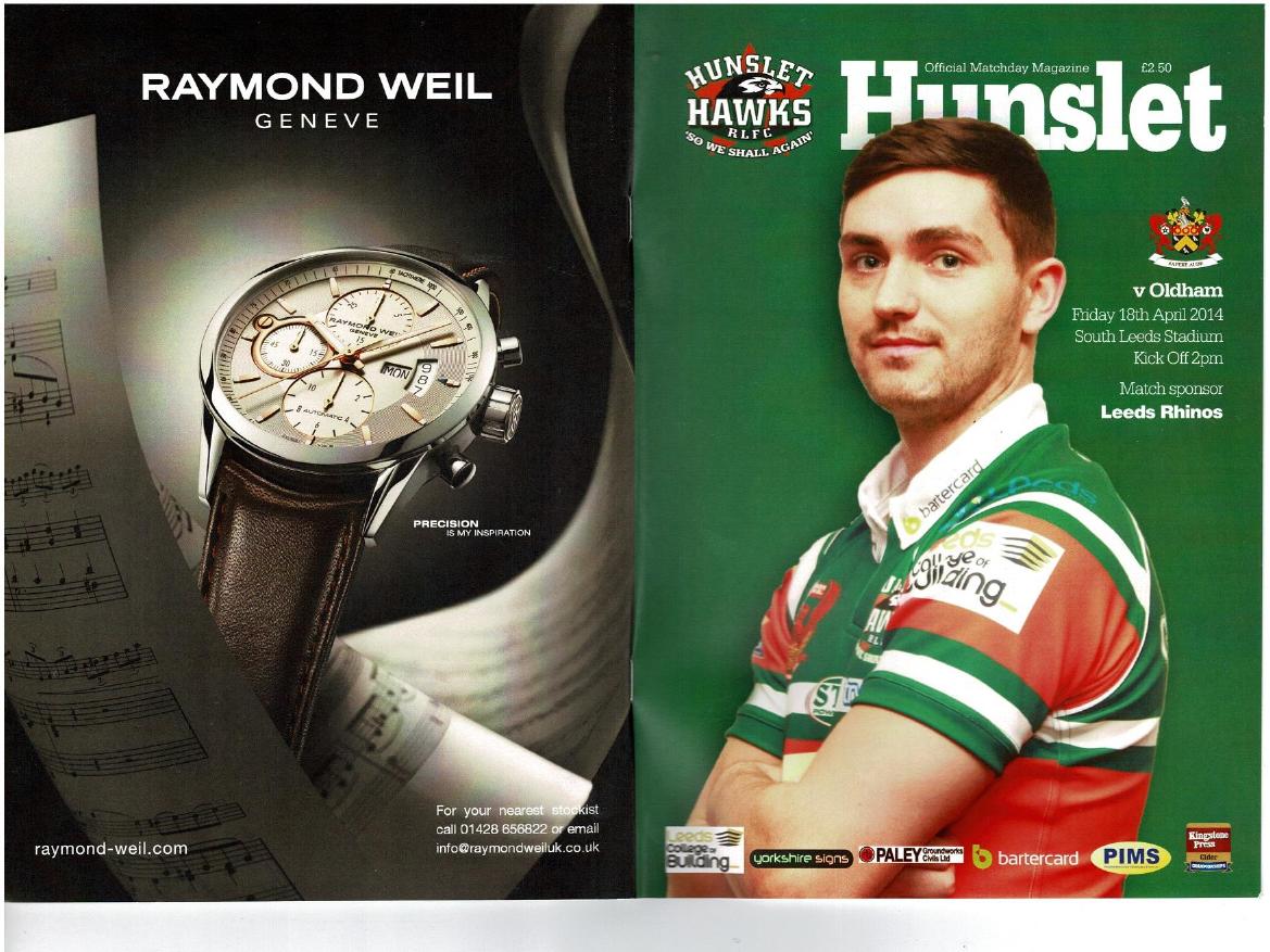 Programme cover: Oldham v Hunslet Hawks, 18 April 2014